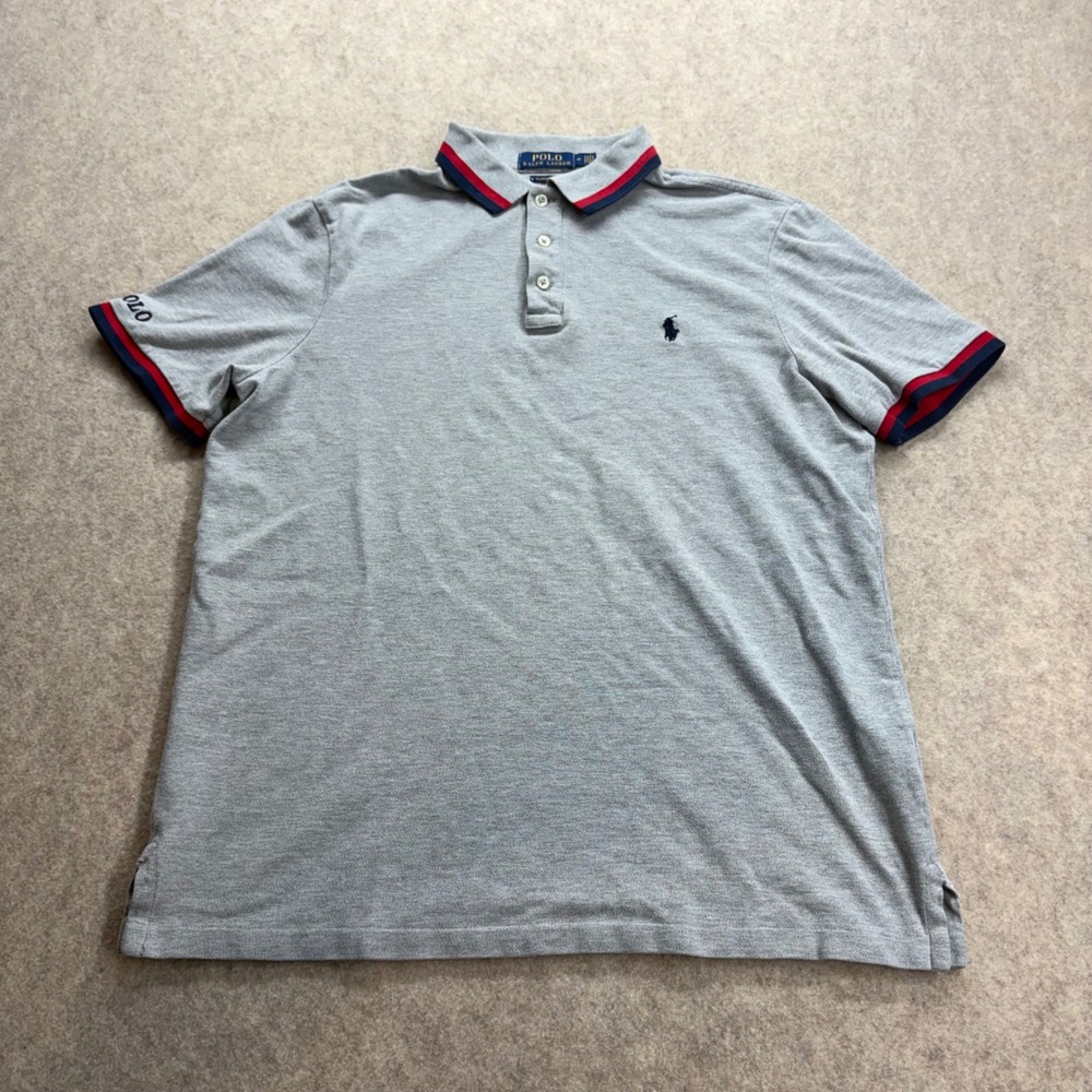 Polo Ralph Lauren Men's Med Classic Fit Ringer Gray Golf Shirt Embroidered Logo